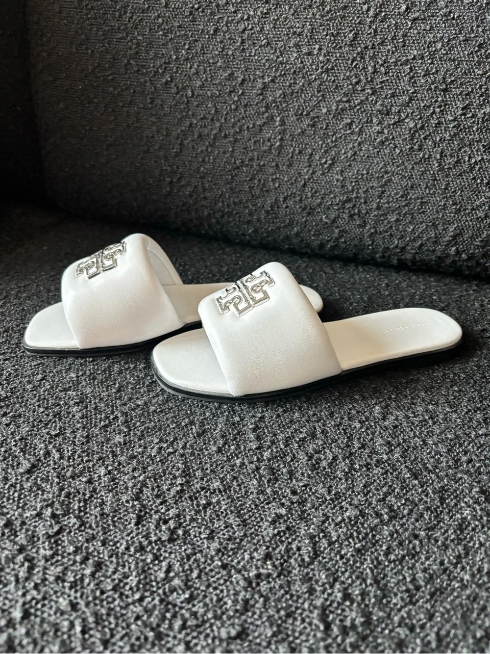 Tory Burch White Britten Puffy Slide Sandals with Silver Logo